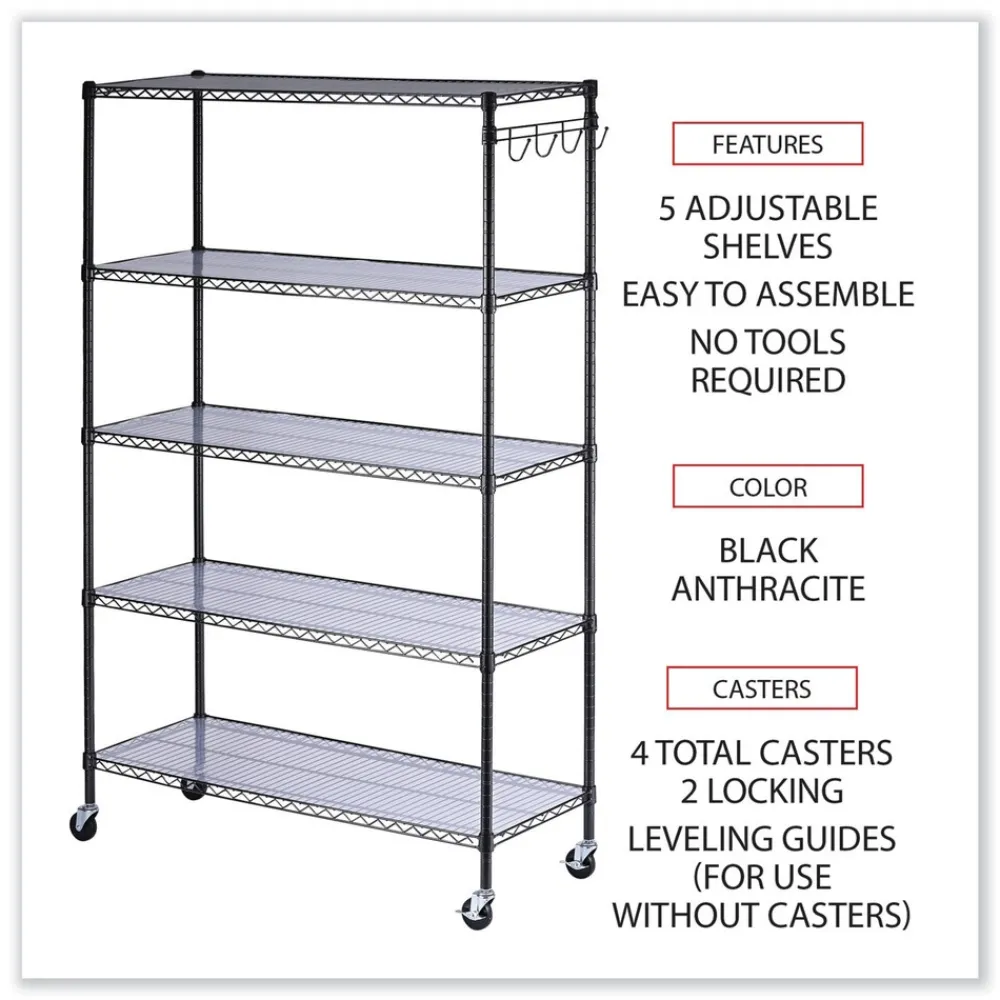 New 48 in. x 18 in. x 72 in. 5-Shelf Wire Shelving Kit with Casters and Shelf Liners - Black Anthracite Trash & Waste Bins