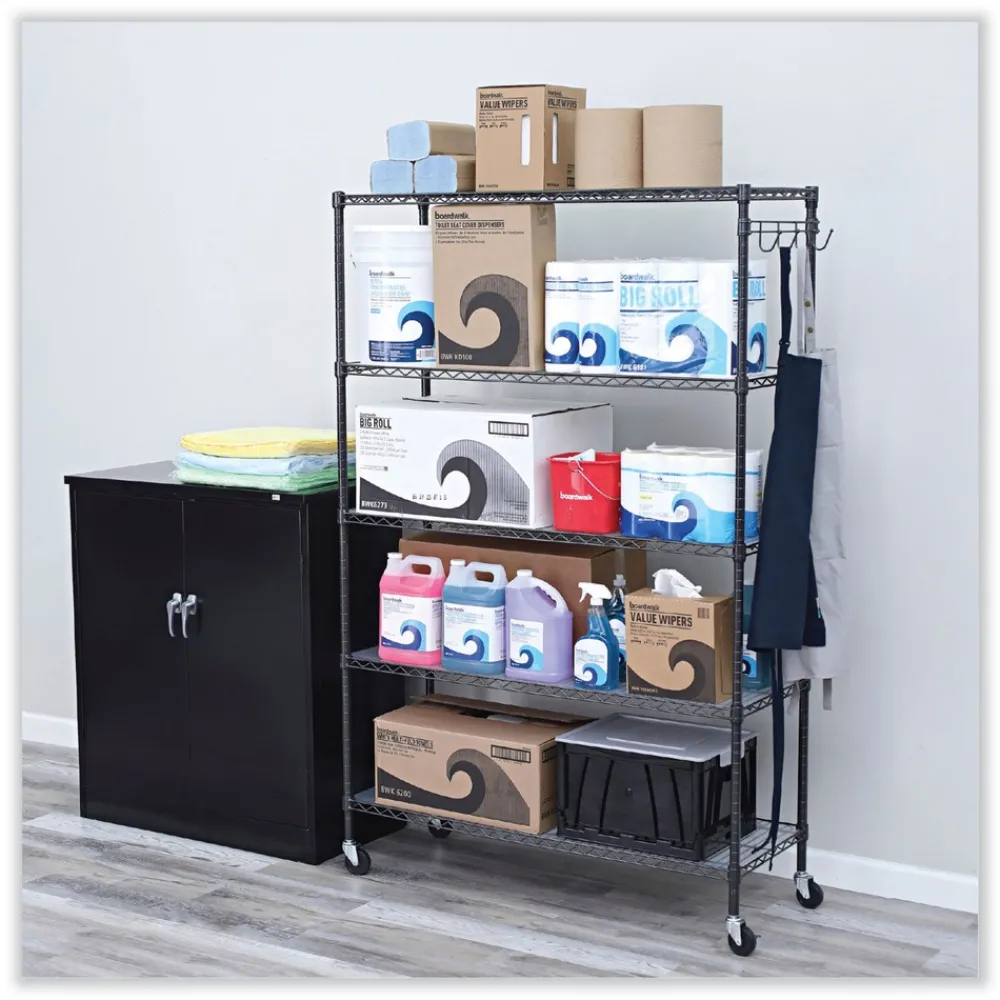 New 48 in. x 18 in. x 72 in. 5-Shelf Wire Shelving Kit with Casters and Shelf Liners - Black Anthracite Trash & Waste Bins