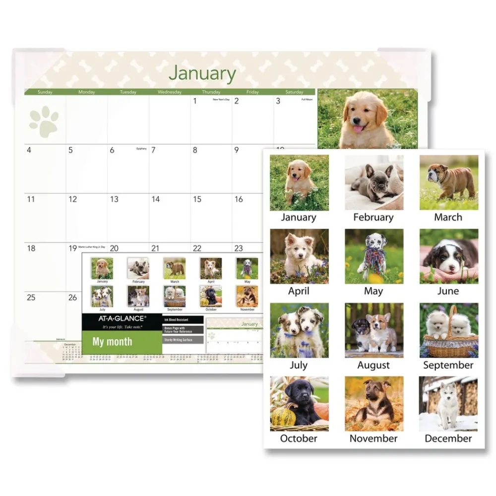 Online 12-Month (Jan to Dec): 2026 22 in. x 17 in. Puppies Photography Puppies Monthly Desk Pad Calendar - White Sheets, Clear Corners Calendars & Planners