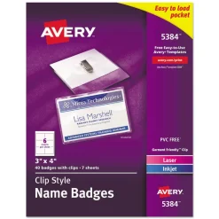 Online 4 in. x 3 in. Top Load Clip-Style Name Badge Holder with Laser/Inkjet Insert - White (40/Box) Labels & Label Makers