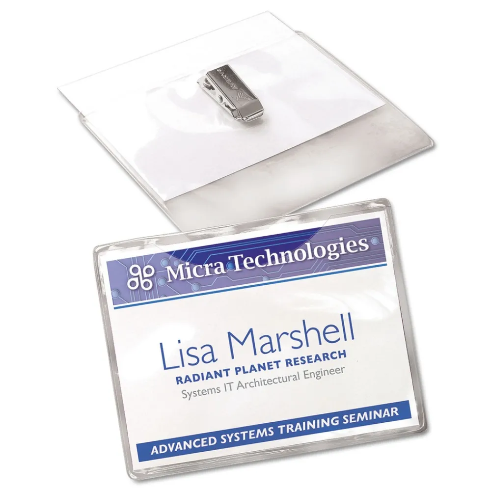 Online 4 in. x 3 in. Top Load Clip-Style Name Badge Holder with Laser/Inkjet Insert - White (40/Box) Labels & Label Makers