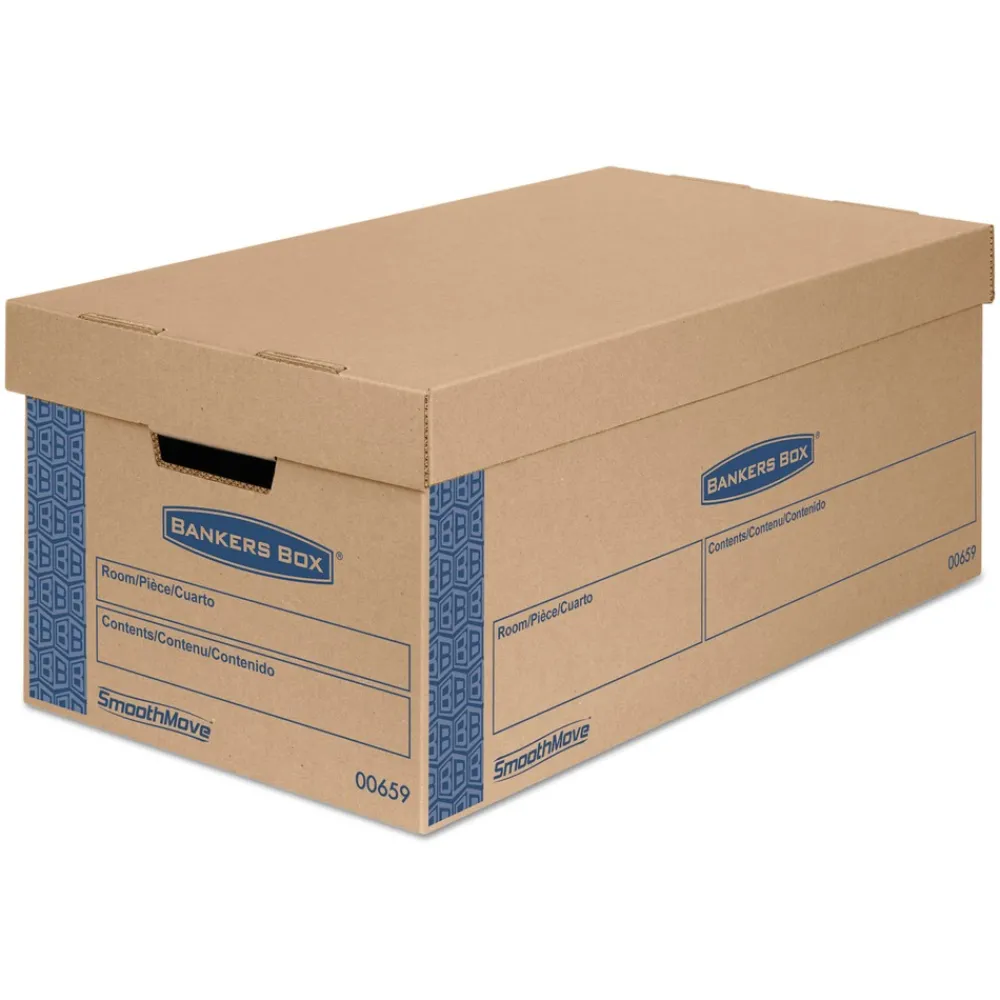Clearance SmoothMove 12 in. x 24 in. x 10 in. Prime Moving/Storage Boxes with Lift-Off Lid - Small/Brown/Blue (8/Carton) Desk Accessories & Office Organizers