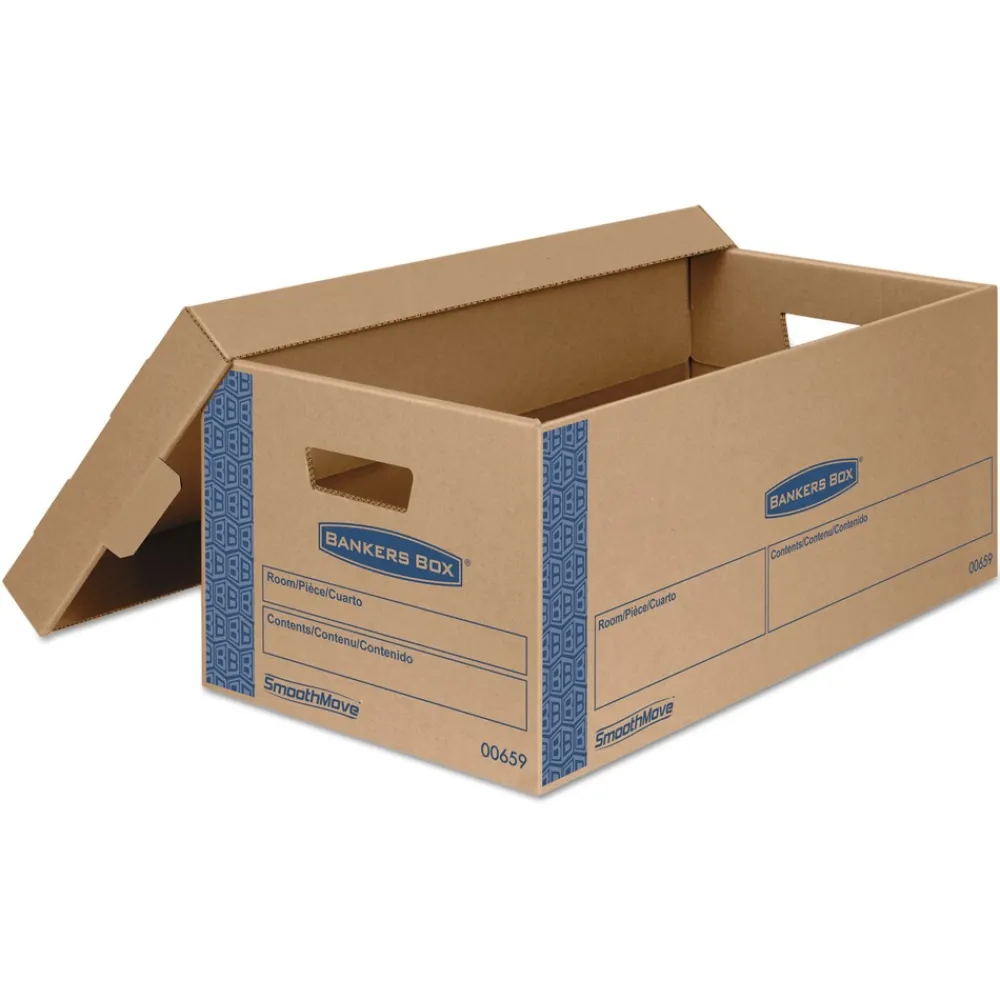 Clearance SmoothMove 12 in. x 24 in. x 10 in. Prime Moving/Storage Boxes with Lift-Off Lid - Small/Brown/Blue (8/Carton) Desk Accessories & Office Organizers