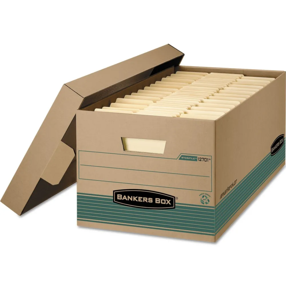 Clearance STOR/FILE 15.88 in. x 25.38 in. x 10.25 in. Medium-Duty 100 Percent Recycled Legal Storage Boxes - Kraft/Green (12/Carton) Desk Accessories & Office Organizers