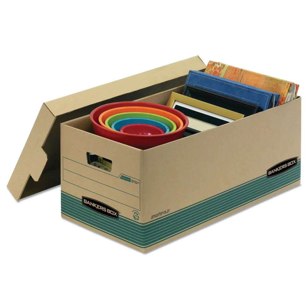 Clearance STOR/FILE 15.88 in. x 25.38 in. x 10.25 in. Medium-Duty 100 Percent Recycled Legal Storage Boxes - Kraft/Green (12/Carton) Desk Accessories & Office Organizers