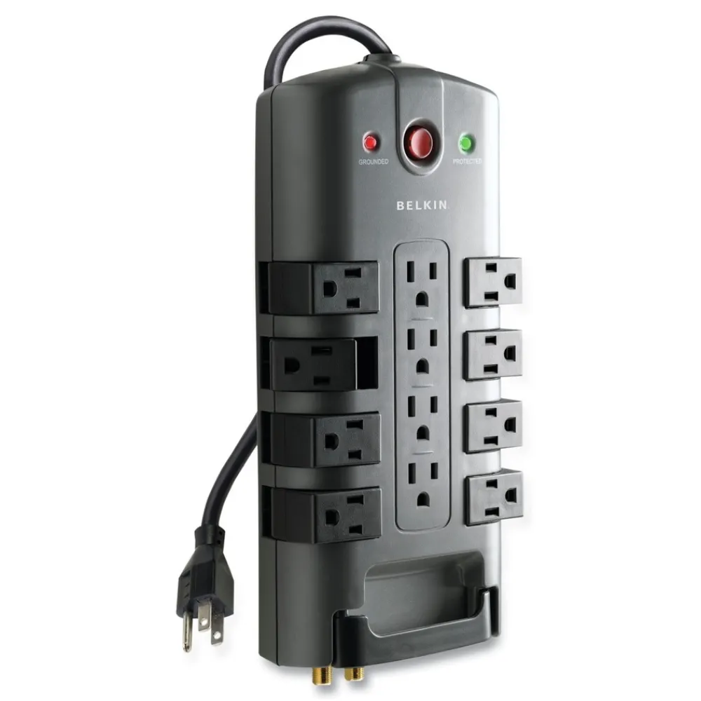 4320 J 12 AC Outlets 8 ft. Cord Pivot Plug Surge Protector - Gray Office Electronics & Batteries