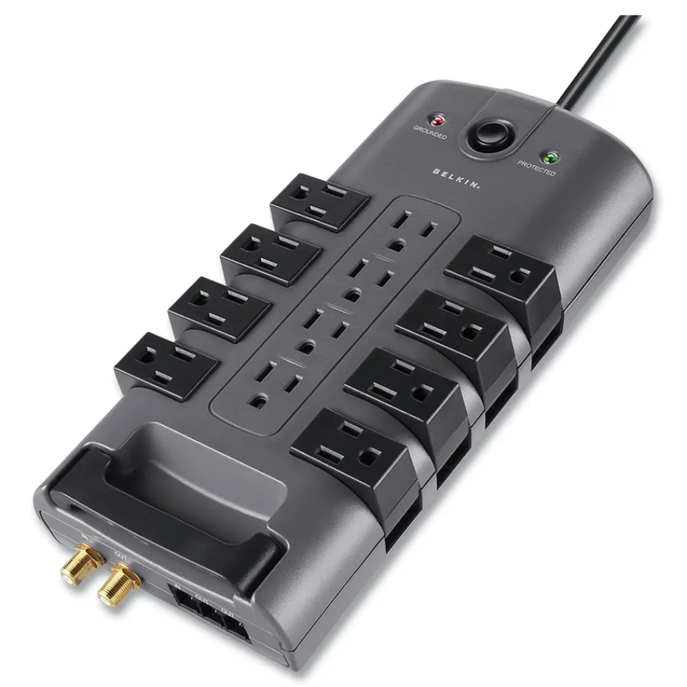 4320 J 12 AC Outlets 8 ft. Cord Pivot Plug Surge Protector - Gray Office Electronics & Batteries