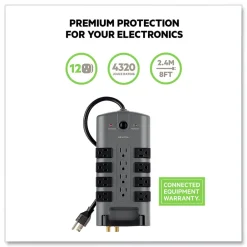 4320 J 12 AC Outlets 8 ft. Cord Pivot Plug Surge Protector - Gray Office Electronics & Batteries