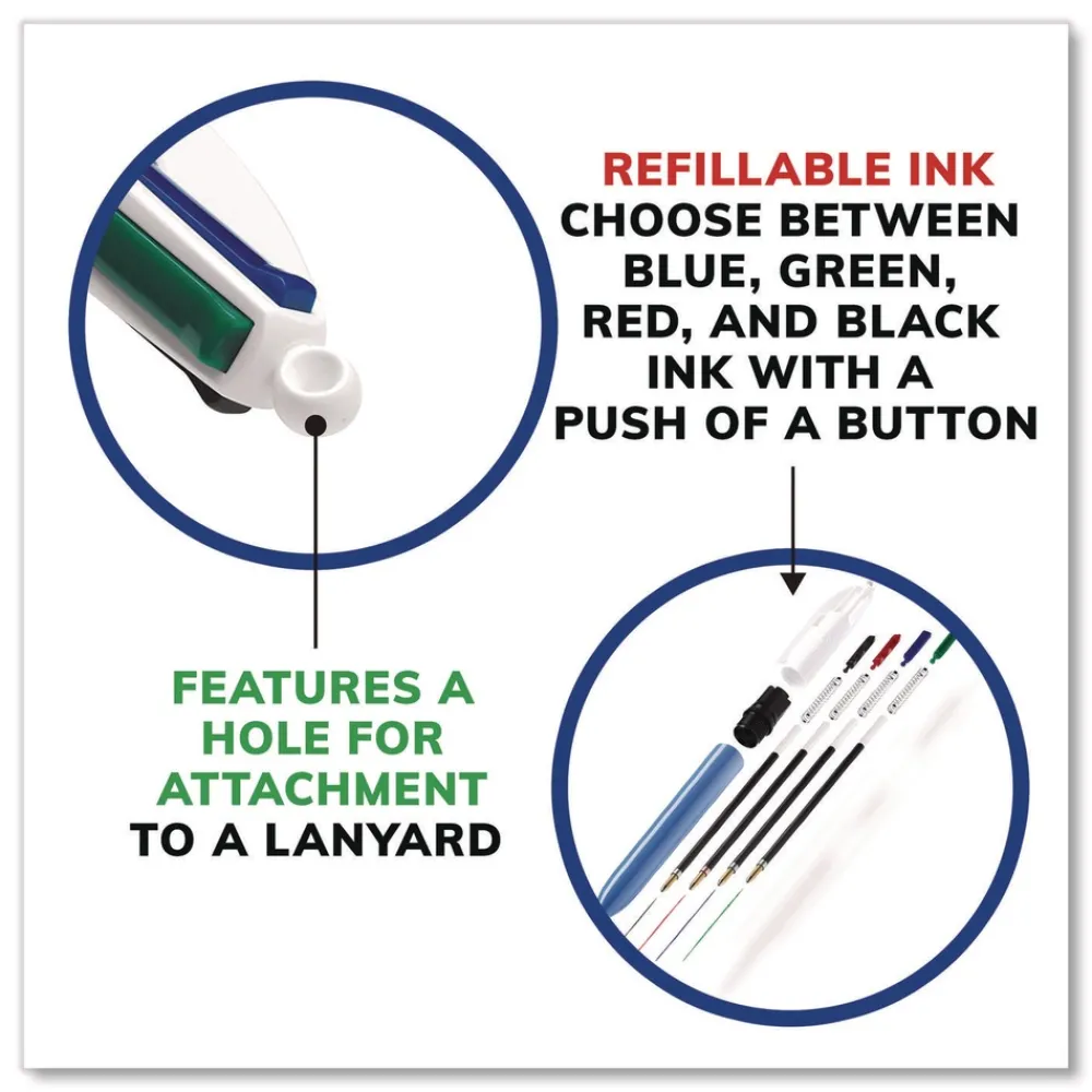 Discount Medium 1 mm Multi-Color Retractable Ballpoint Pen - Black/Blue/Green/Red Ink/Blue/White Barrel (12/Box) Pens, Pencils & Markers