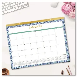 Discount 22 in. x 17 in. 12-Month (Jan to Dec): 2026 Tile Monthly Desk Pad Calendar - Geometric Artwork, White/Blue/Green Sheets Calendars & Planners