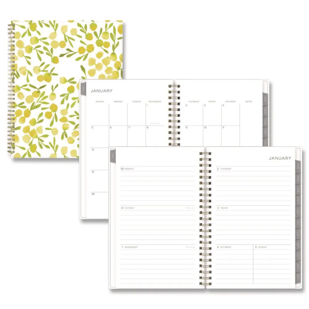 New 8 in. x 5 in. 12-Month (Jan to Dec): 2026 Mimosa Weekly/Monthly Planner - Lemon Artwork, Yellow/Green/White Cover Paper & Printables