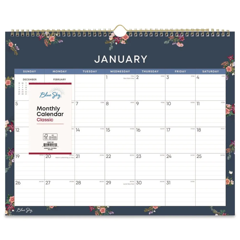 Online 15 in. x 12 in. 12-Month (Jan to Dec): 2026 Ashlyn Monthly Wall Calendar - Floral Artwork, White/Blue/Pink Sheets Calendars & Planners