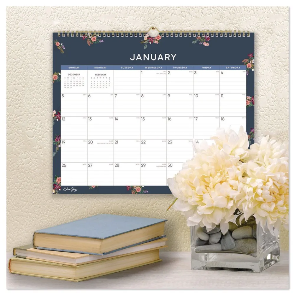 Online 15 in. x 12 in. 12-Month (Jan to Dec): 2026 Ashlyn Monthly Wall Calendar - Floral Artwork, White/Blue/Pink Sheets Calendars & Planners