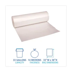 New 33 Gallon 14 mic 33 in. x 38 in. Perforated Roll High-Density Can Liners - Natural (25 Bags/Roll, 10 Rolls/Carton) Cleaning & Janitorial Supplies