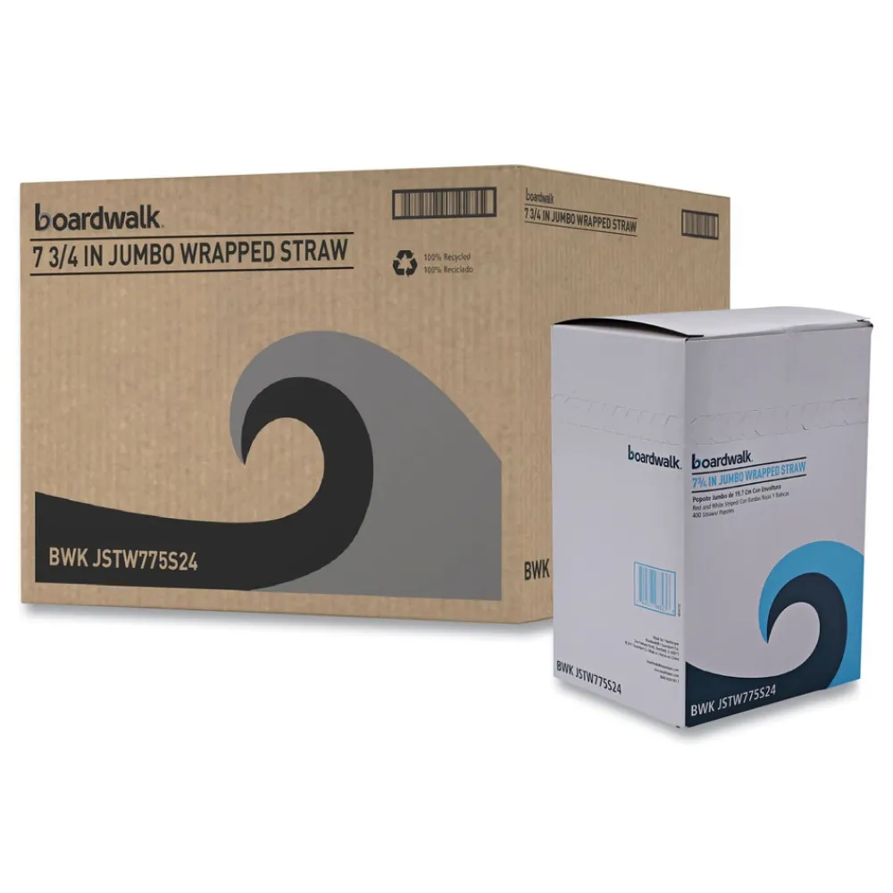 Clearance 7.75 in. Wrapped Jumbo Plastic Straws - White/Red Stripe (400/Pack, 25 Packs/Carton) Tabletop And Serveware