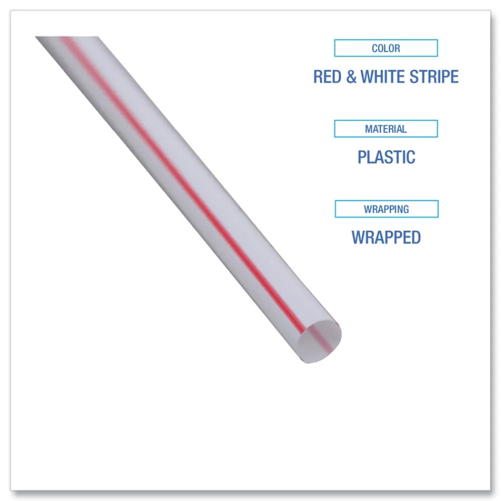 Clearance 7.75 in. Wrapped Jumbo Plastic Straws - White/Red Stripe (400/Pack, 25 Packs/Carton) Tabletop And Serveware