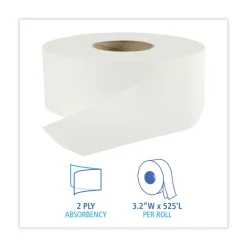 Outlet 3.2 in. x 525 ft. 2 Ply Septic Safe Jumbo Roll Bathroom Tissue - White (12/Carton) Paper & Dispensers