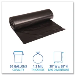 New 38 in. x 58 in. 60 gal. 1.2 mil Recycled Low-Density Polyethylene Can Liners - Black (100/Carton) Trash & Waste Bins