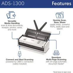 Hot 600 dpi x 600 dpi Optical Resolution 20-Sheet Duplex Auto Document Feeder ADS-1300 Compact Desktop Scanner Office Electronics & Batteries