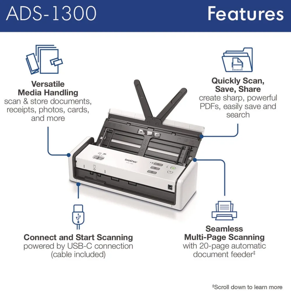 Hot 600 dpi x 600 dpi Optical Resolution 20-Sheet Duplex Auto Document Feeder ADS-1300 Compact Desktop Scanner Office Electronics & Batteries