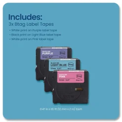 Clearance 0.47 in. x 13.1 ft. Genuine P-Touch BTAG Label Tapes - White on Purple, Black on Light Blue, White on Pink Labels & Label Makers