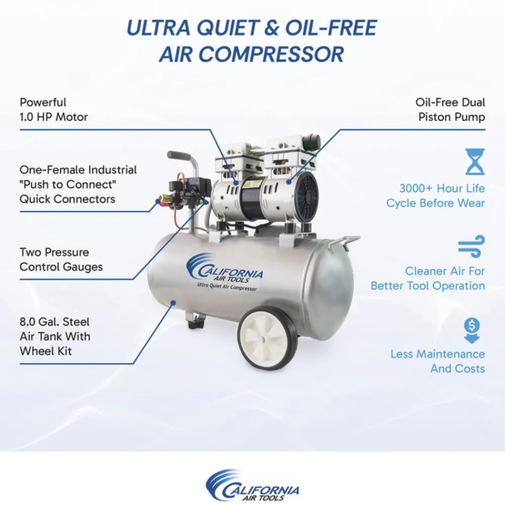 Hot 8010 1 HP 8 Gallon Ultra Quiet and Oil-Free Steel Tank Wheelbarrow Air Compressor Air Compressors