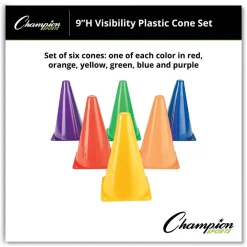 Discount TC9SET 5 in. x 5 in. Base 9 in. Tall High-Visibility Plastic Cones - Assorted Colors (6/Set) Toys