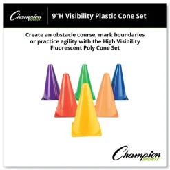 Discount TC9SET 5 in. x 5 in. Base 9 in. Tall High-Visibility Plastic Cones - Assorted Colors (6/Set) Toys