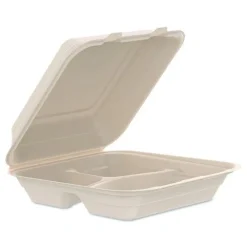 9.14 in. x 9 in. x 2.98 in. 3 Compartments ProPlanet Seal Compostable Molded Fiber Hinged Trays - Natural (200/Carton) Tabletop And Serveware