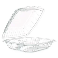 Online 9 in. x 8.75 in. x 3 in. 3-Compartments ProPlanet Microwaveable Plastic Hinged Containers - Clear (150/Carton) Tabletop And Serveware