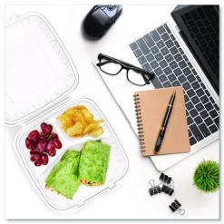 Online 9 in. x 8.75 in. x 3 in. 3-Compartments ProPlanet Microwaveable Plastic Hinged Containers - Clear (150/Carton) Tabletop And Serveware
