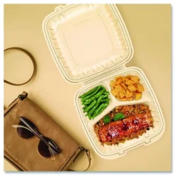 Online 9 in. x 8.75 in. x 3 in. 3-Compartments ProPlanet Microwaveable Plastic Hinged Containers - Clear (150/Carton) Tabletop And Serveware