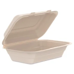 6.41 in. x 9.22 in. x 3 in. ProPlanet Seal Compostable Molded Fiber Hinged Trays - Natural (200/Carton) Tabletop And Serveware