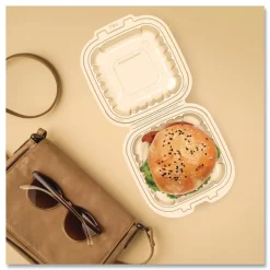 Online 6.31 in. x 6.31 in. x 3 in. ProPlanet Microwaveable Hinged Plastic Containers - Clear (300/Carton) Tabletop And Serveware