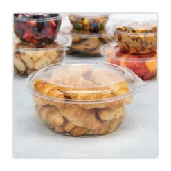 New 64 oz. 8.9 in. Diameter x 4 in. Plastic Tamper-Resistant Tamper-Evident Bowls with Dome Lid - Clear (100/Carton) Tabletop And Serveware