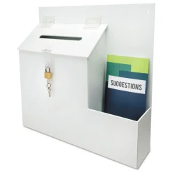 13.75 x 3.63 x 13.94 Plastic Suggestion Box Literature Holder with Locking Top - White Desk Accessories & Office Organizers