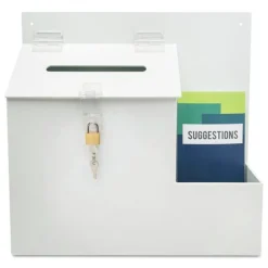 13.75 x 3.63 x 13.94 Plastic Suggestion Box Literature Holder with Locking Top - White Desk Accessories & Office Organizers