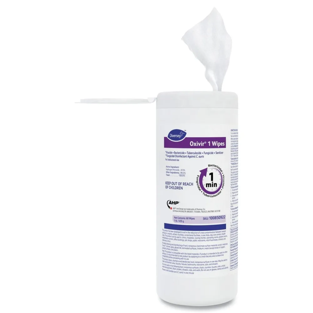 Hot Oxivir 7 in. x 8 in. 1-Ply 1 Wipes (60/Canister, 12 Canisters/Carton) Cleaning & Janitorial Supplies