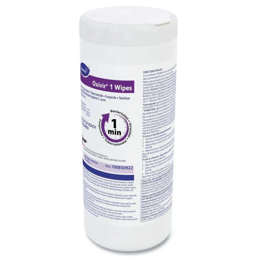 Hot Oxivir 7 in. x 8 in. 1-Ply 1 Wipes (60/Canister, 12 Canisters/Carton) Cleaning & Janitorial Supplies