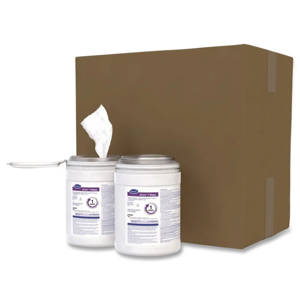 Hot Oxivir 6 in. x 7 in. 1-Ply 1 Wipes (160/Canister, 12 Canisters/Carton) Cleaning & Janitorial Supplies