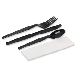 Clearance Individually Wrapped Heavyweight Plastic Fork/Knife/Napkin/Spoon Set - Black (250/Carton) Tabletop And Serveware