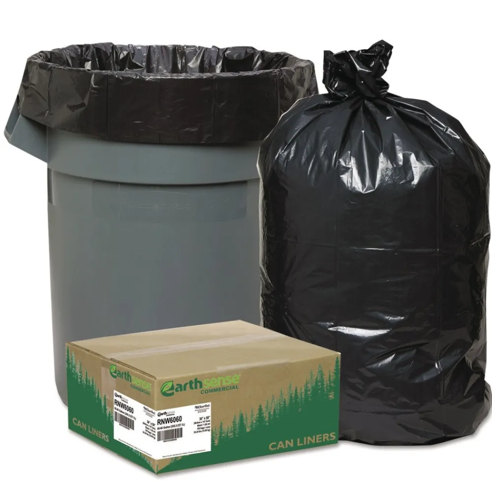 Hot 38 in. x 58 in. 1.65 mil 60 Gallon Linear Low Density Recycled Can Liners - Black (100/Carton) Trash & Waste Bins