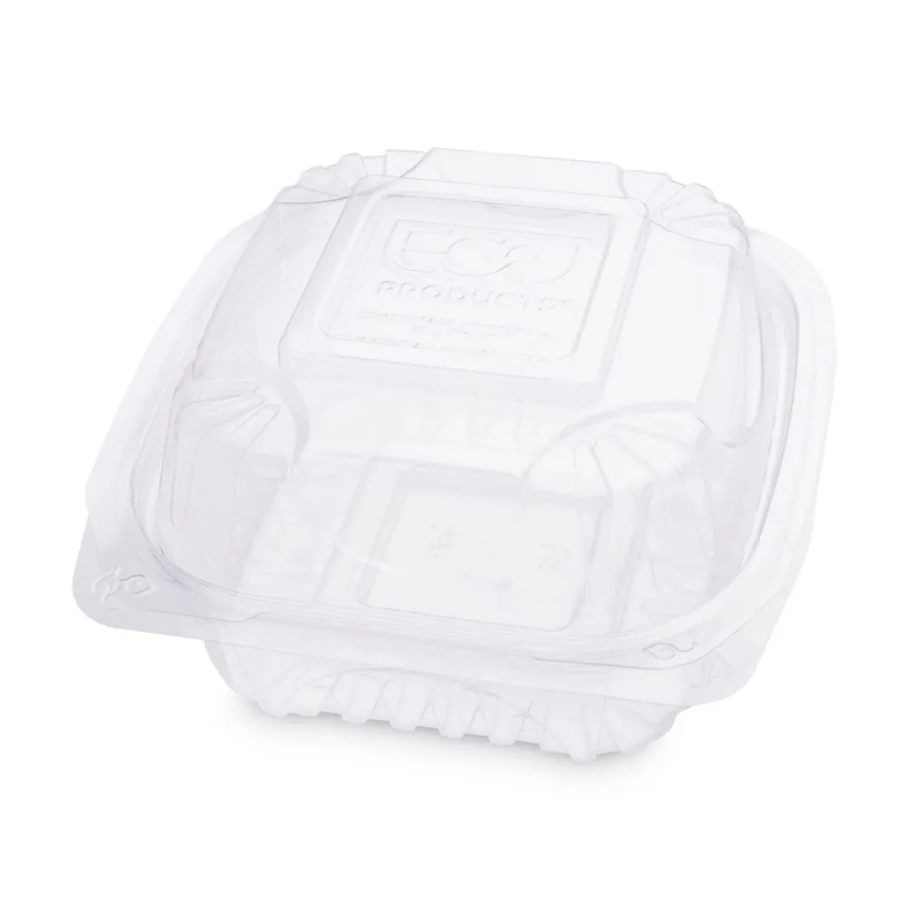 EP-LC6 6 in. x 6 in. x 3 in. Renewable and Compostable Plastic Clamshell Hinged Food Containers - Clear (240/Carton) Tabletop And Serveware