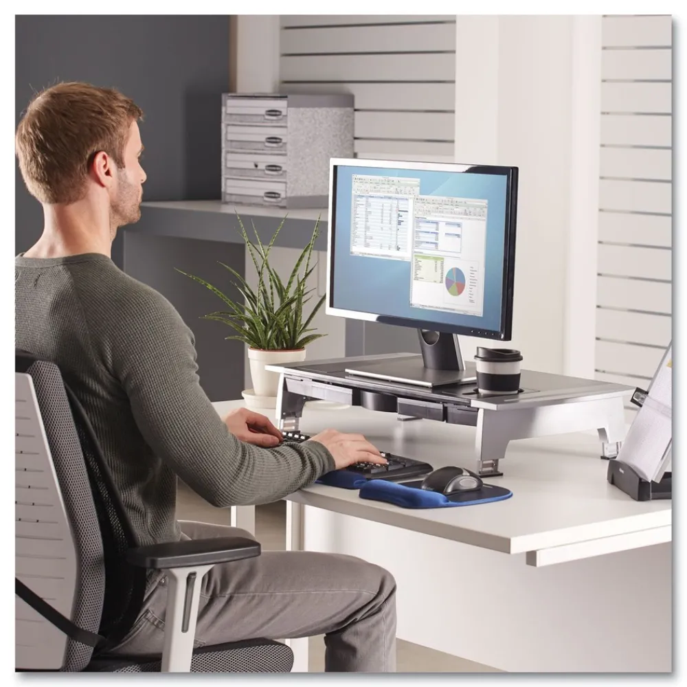 Clearance 27 in. x 14 in. x 4 in. to 6.5 in. Office Suites Premium Monitor Riser - Black/Silver Office Furniture & Lighting