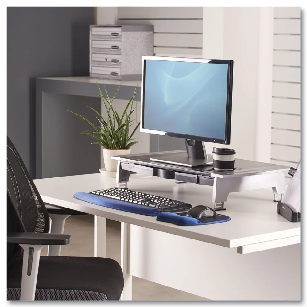 Clearance 27 in. x 14 in. x 4 in. to 6.5 in. Office Suites Premium Monitor Riser - Black/Silver Office Furniture & Lighting