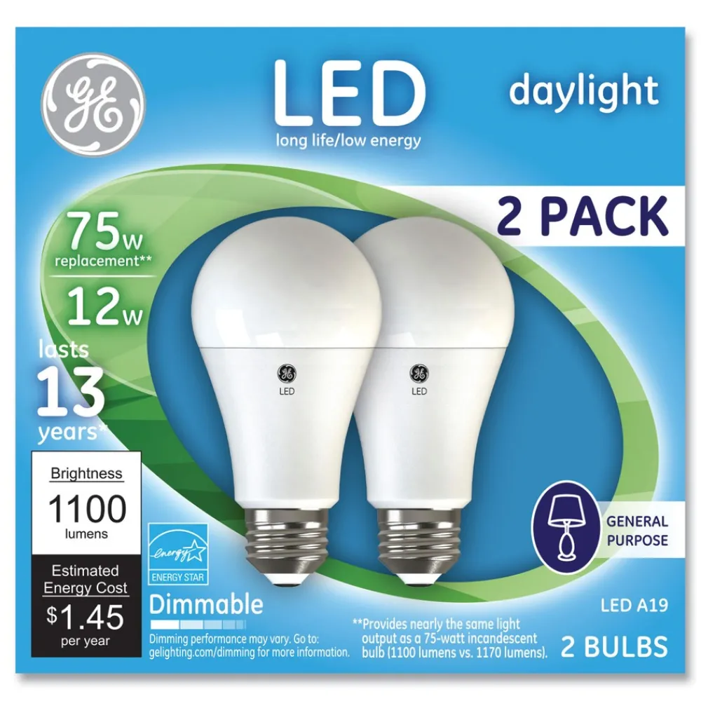 Discount 12 Watts/75 Watts A19 LED Bulbs - Daylight (2/Pack) Office Furniture & Lighting