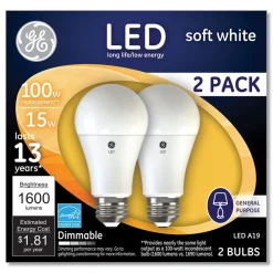 Clearance 15 Watts/100 Watts A19 LED Bulbs - Soft White (2/Pack) Office Furniture & Lighting