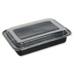 Sale FCPP-BC-38RECT 8.81 in. x 6.02 in. x 2.48 in. 38 oz. Plastic Microwavable Food Container with Lid - Rectangular Black/Clear (150/Carton) Tabletop And Serveware