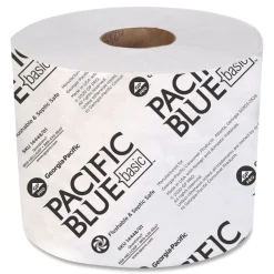 Clearance Pacific Blue Basic 1-Ply Septic Safe High-Capacity Bathroom Tissue - White (1500/Roll, 48/Carton) Paper & Dispensers