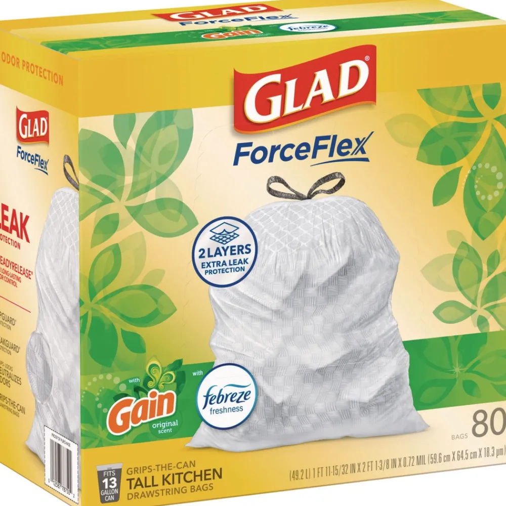 ForceFlex 24 in. x 27.38 in. 13 Gallon Kitchen Drawstring Trash Bags - Gain Original Scent/White (240/Carton) Cleaning & Janitorial Supplies